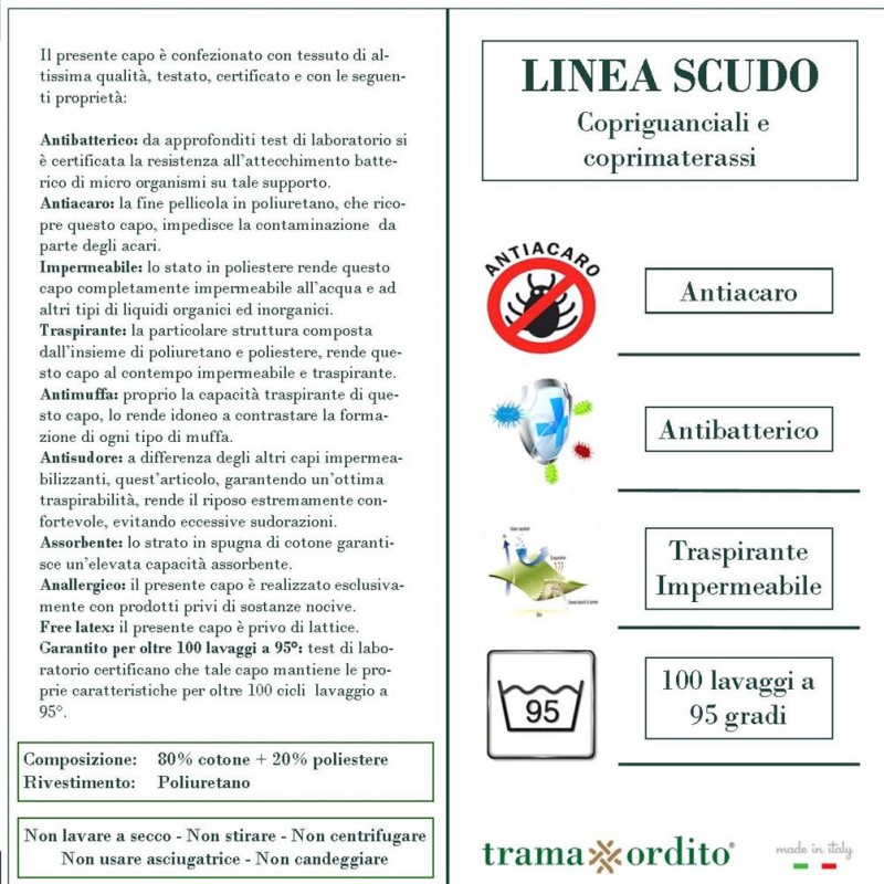 Scudo Fodera Materasso Antiacaro Impermeabile Traspirante con Cerniera un  posto, uno e mezzo, matrimoniale Produzione Italiana