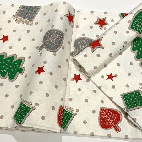 Tovagliato Alberi di Natale e Pacchi Dono Tessuto cm.280 a metraggio Puro cotone Made in Italy